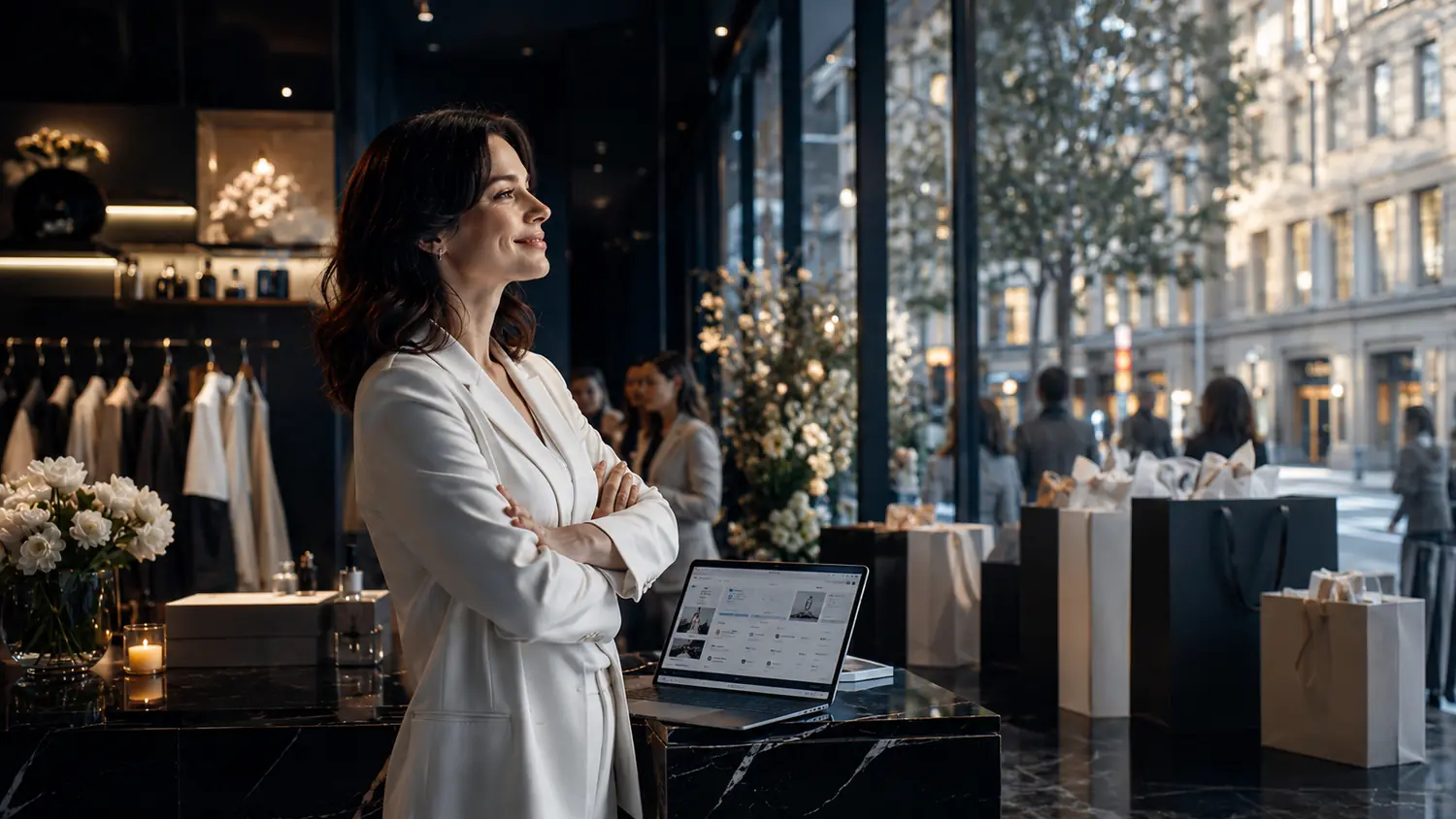 Business owner using her premium online presence to support in-person sales